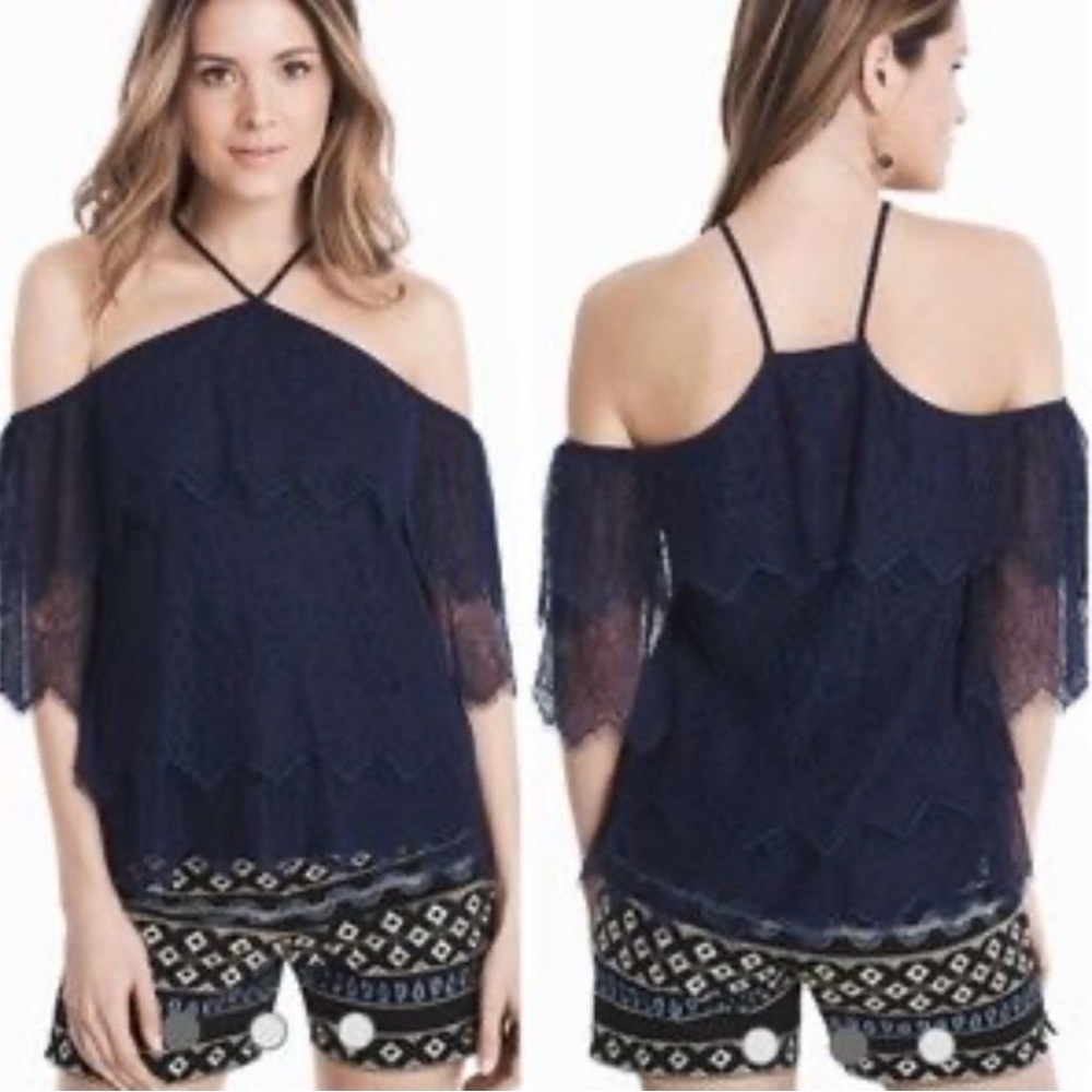 White House Black Market Navy Blue Lace Cold Shoulder Top Size Large NEW